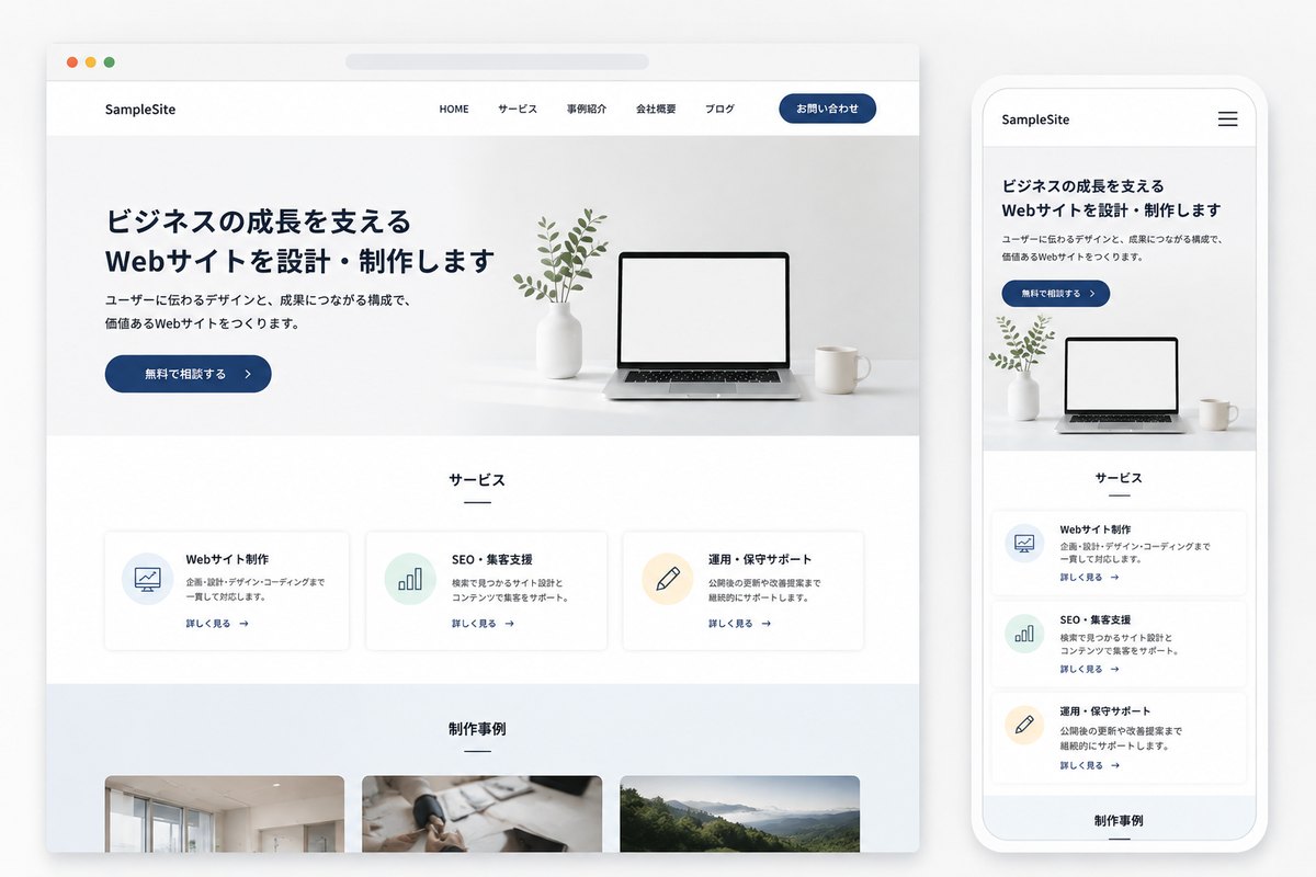 ホームページの表示例。パソコンとスマートフォンの両方に対応する
